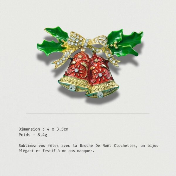 Broche De Noël Clochettes dorées et rouges ornées de strass et feuilles vertes