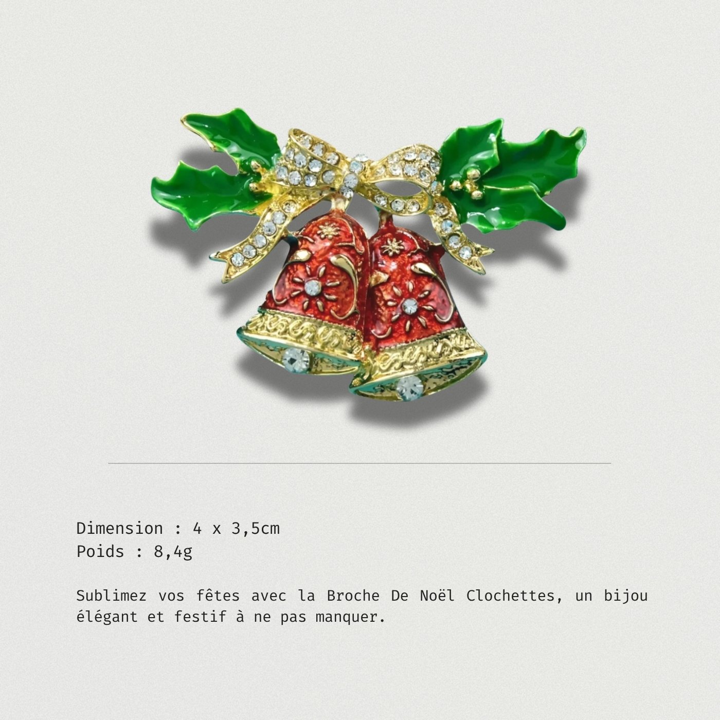 Broche De Noël Clochettes dorées et rouges ornées de strass et feuilles vertes
