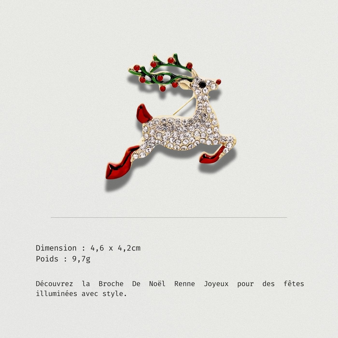 Broche De Noël Renne Joyeux scintillante avec cristaux et bois ornés de baies rouges