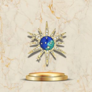 Broche lune étoile dorée élégante avec détails bleus et cristaux brillants