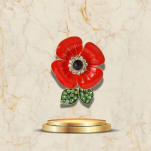 Bijou broche coquelicot rouge avec feuilles vertes en strass brillants