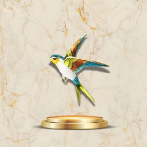 Broche oiseau printemps bijou poétique aux reflets dorés et turquoise