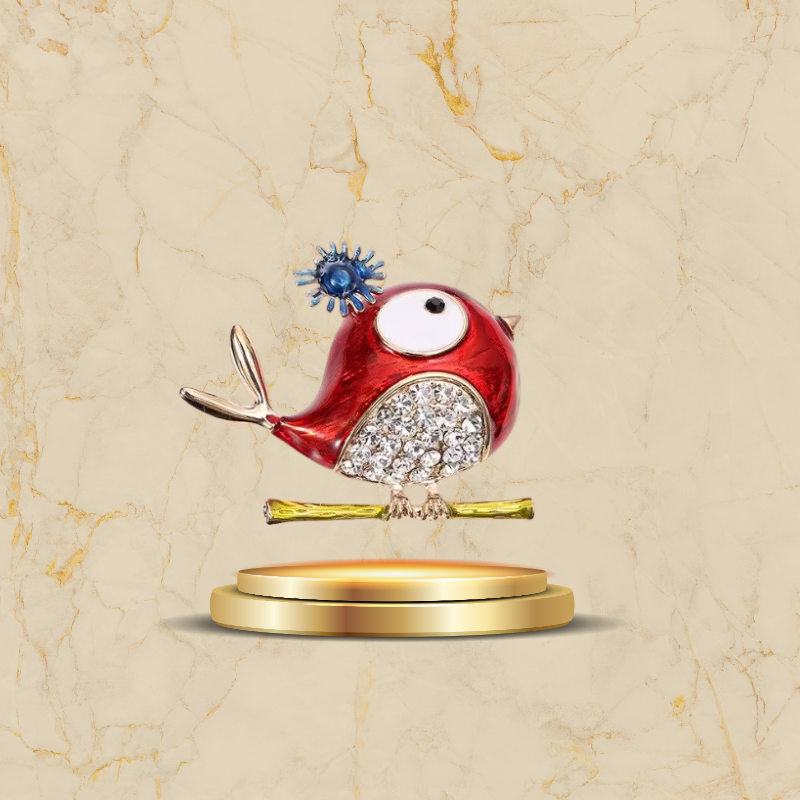 Broche en forme d’oiseau rigolo décorée de cristaux