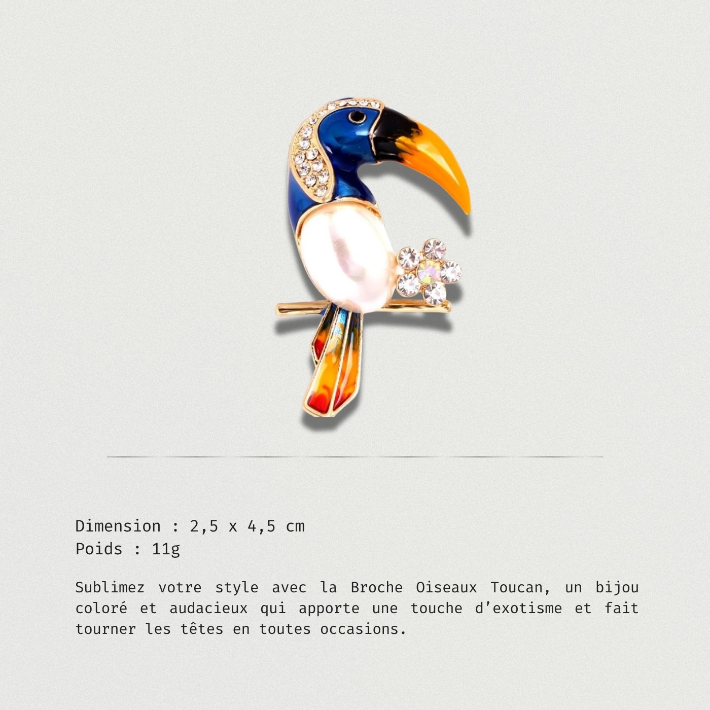 Broche colorée en forme de toucan, symbole d’exotisme et de liberté