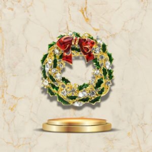 Bijou festif en forme de couronne de Noël dorée et verte avec strass