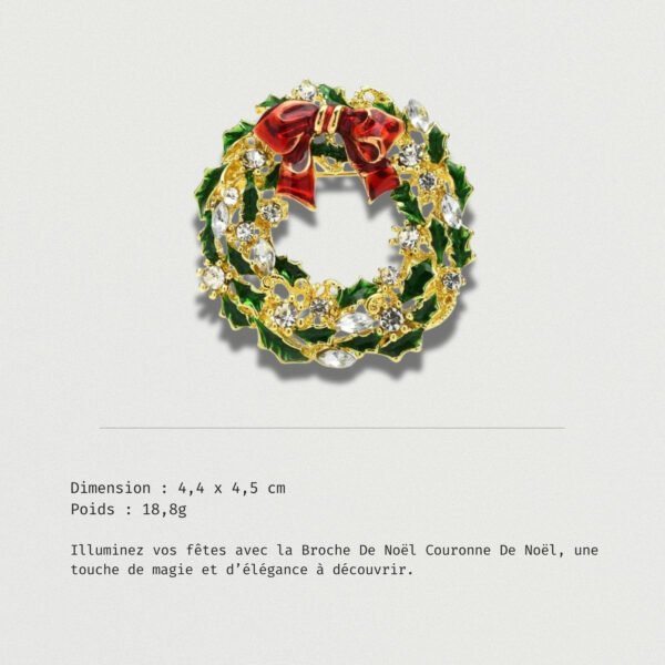 Broche de Noël décorative représentant une couronne traditionnelle avec ruban rouge