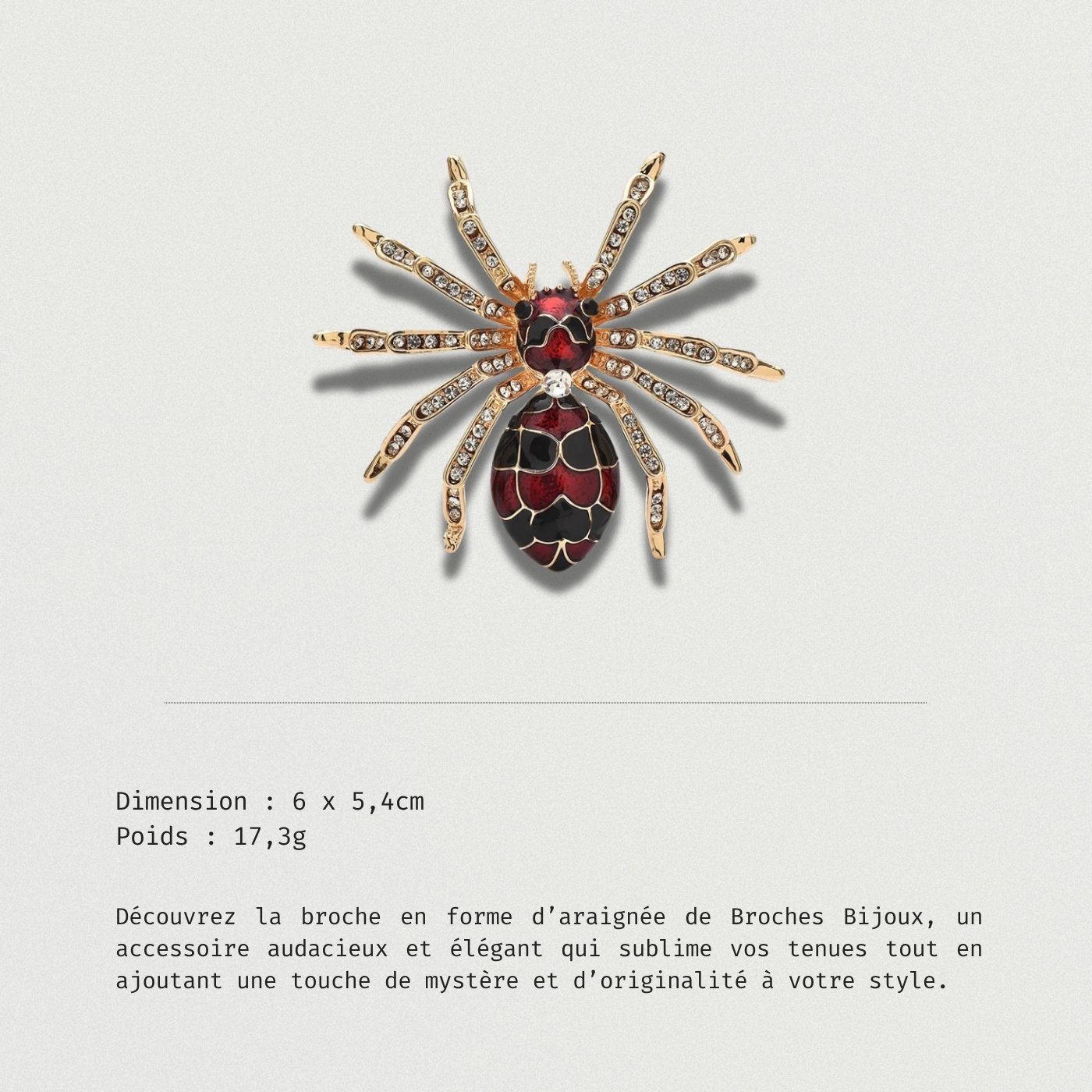 Bijou broche araignée élégante aux reflets rouges et noirs, design raffiné