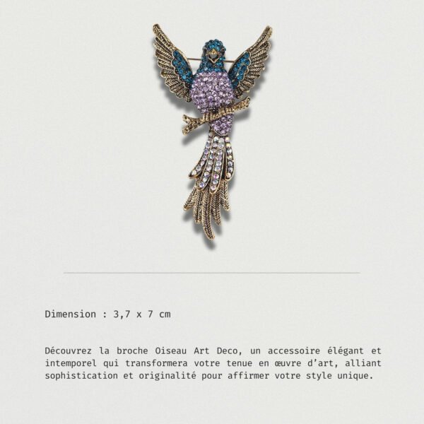 Broche Oiseau Art Deco élégante avec strass violets et bleus