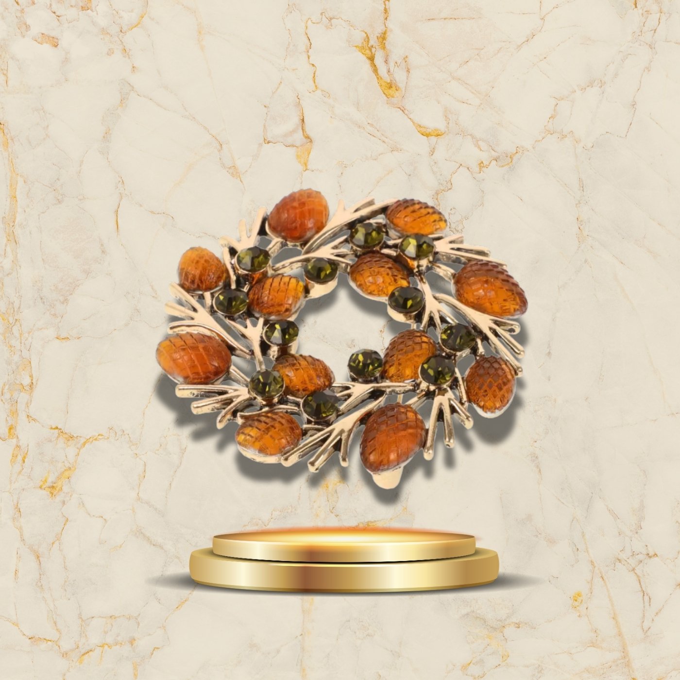 Broche masculine dorée et ambrée, idéale pour les fêtes de Noël