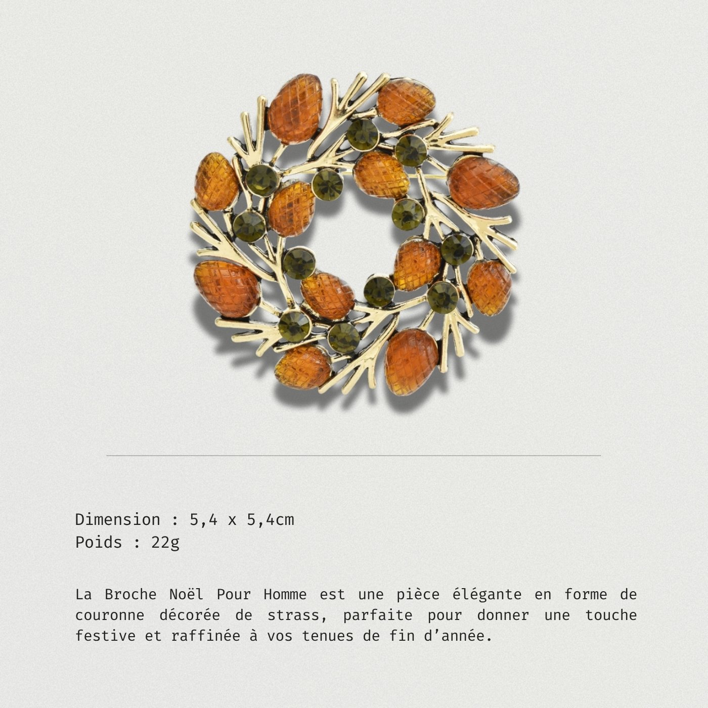 Broche de Noël raffinée pour homme, décor pin et tons chauds