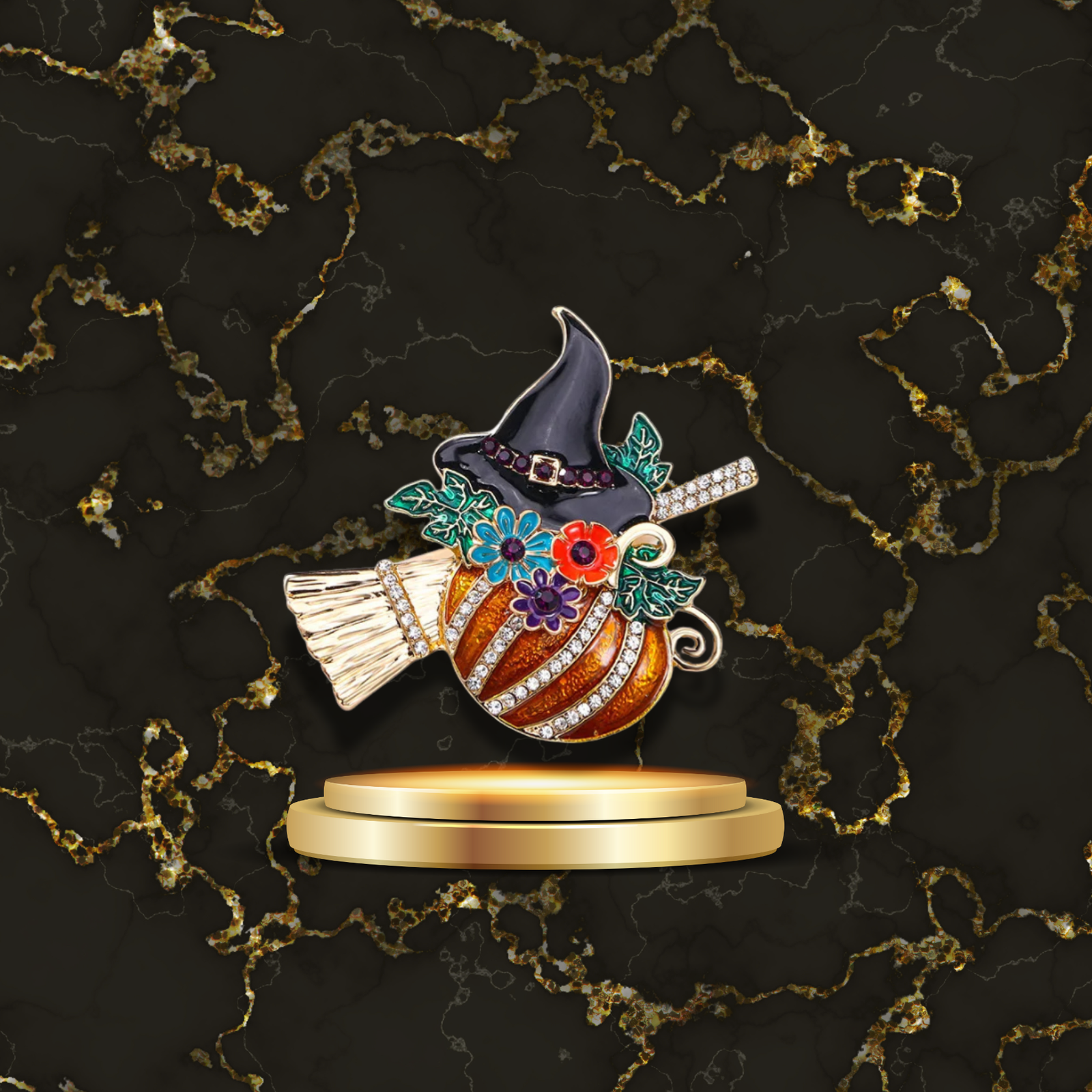 Broche citrouille Halloween avec chapeau de sorcière
