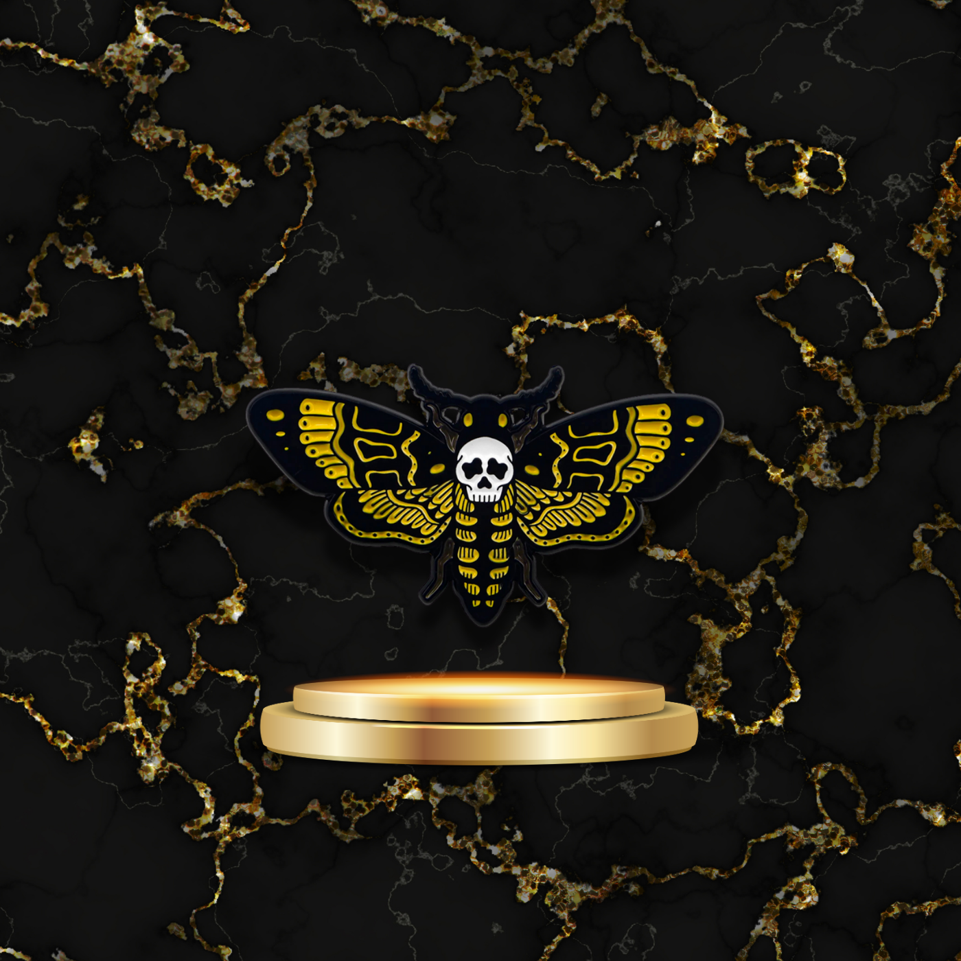 Broche papillon abeille noire et jaune avec crâne