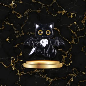 Broche Halloween chat noir assis sur un crâne