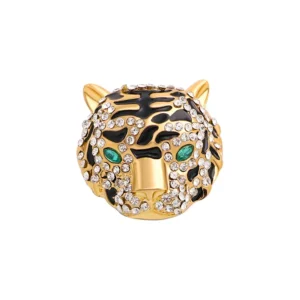 Broche tigre ornée de strass avec œil vert