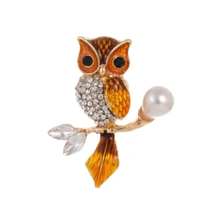 Broche décorative en forme de hibou avec strass et perles