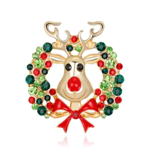 Broche couronne de Noël avec tête de renne décorative