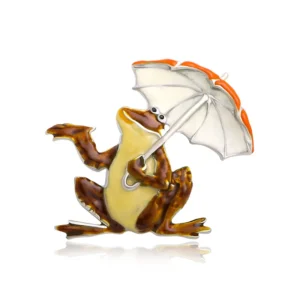 Broche grenouille avec parapluie en métal