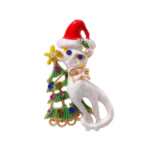 Broche en forme de chat blanc pour les fêtes de Noël