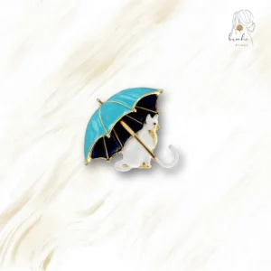 Broche Chat Avec Parapluie - Métal Argenté Et Nacre - Neuf Sans Emballage