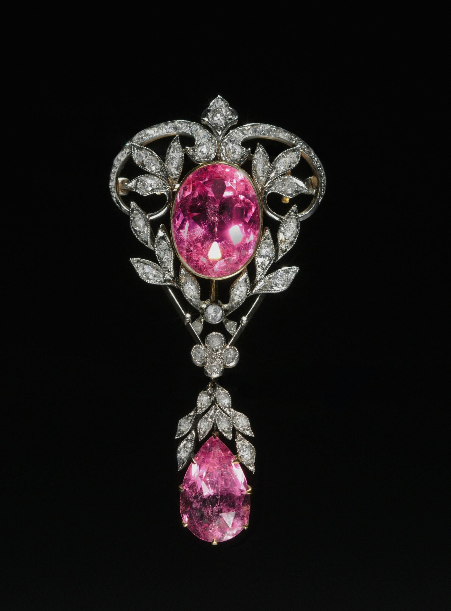 Broche ancienne à pierres roses et feuillage serti de strass, collection Broche Originale